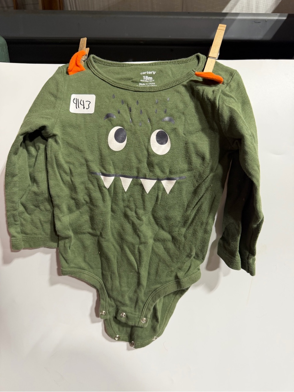 #4143-Carter's Olive Green Monster Graphic Long-Sleeve One-Piece Bodysuit